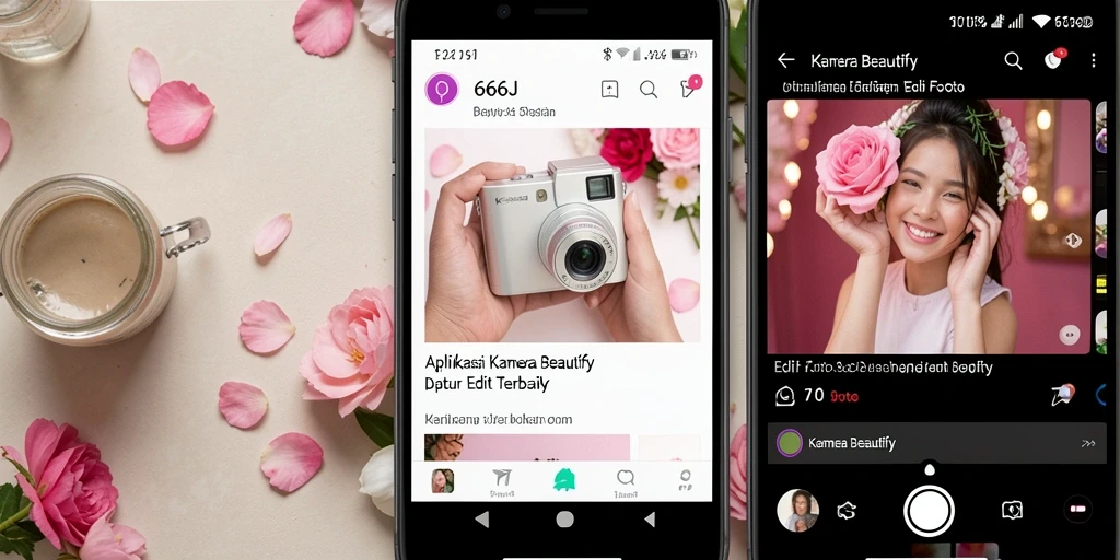 Screenshot utama 666J menampilkan antarmuka aplikasi Kamera Beautify yang menarik.