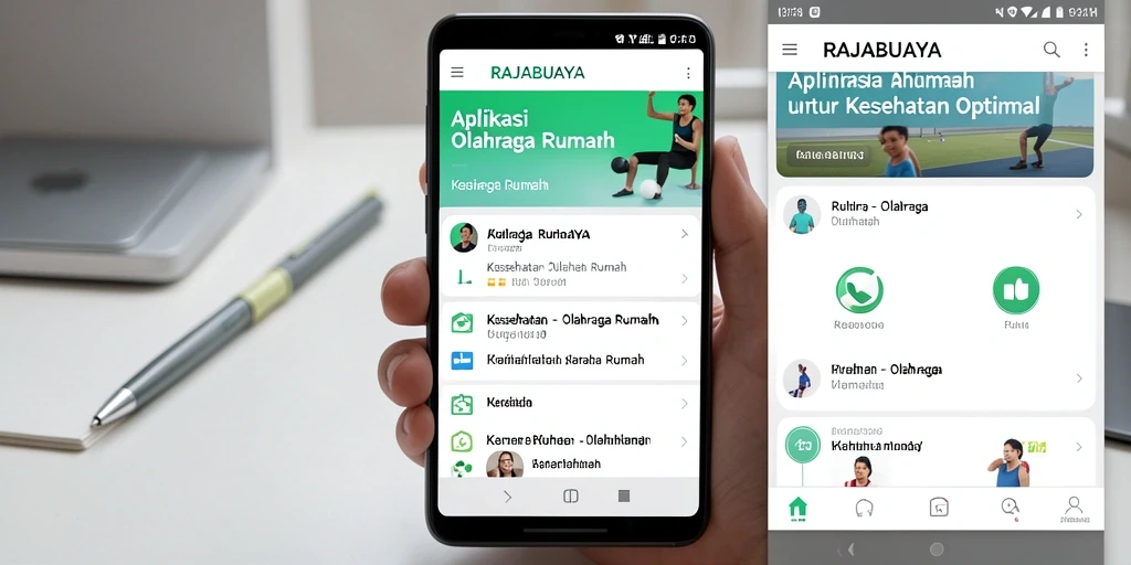 Screenshot aplikasi RAJABUAYA menampilkan antarmuka latihan olahraga yang interaktif.